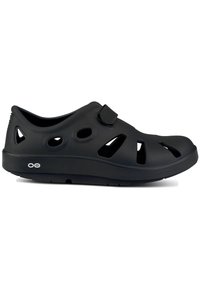 Black clogs with ventilation holes, made from lightweight material. Features a Velcro strap and contoured sole for comfort.