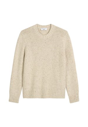 Beeži kudumisega sviiter ümmarguse kaelusega, pikkade varrukatega ja soonikkoes ääristega. Kanga pinnal on tekstuuriline, täpikestega muster.