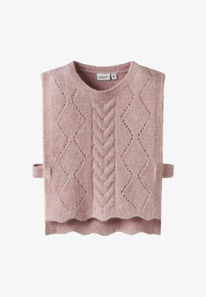 Gilet lavorato a maglia rosa chiaro con scollo rotondo, caratterizzato da un design a trecce e motivi a diamante. Bordo inferiore ondulato e cinghie laterali.