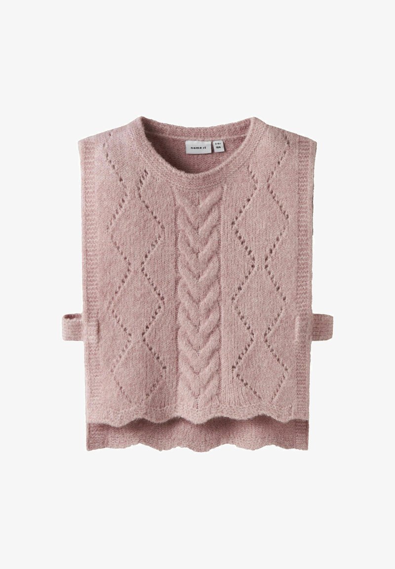 Chaleco de punto rosa claro con cuello redondo, presenta un diseño de punto trenzado y patrones de diamante. Bordes inferiores con volantes y tirantes laterales.