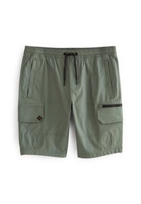 Shorts cargo vert olive en tissu léger, dotés de multiples poches, d'une taille élastique et d'un cordon de serrage noir.