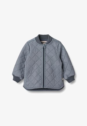 Quilted jacket with a navy and white striped pattern, ribbed collar, and cuffs. Features a front zipper and a rounded hem. Soft texture.