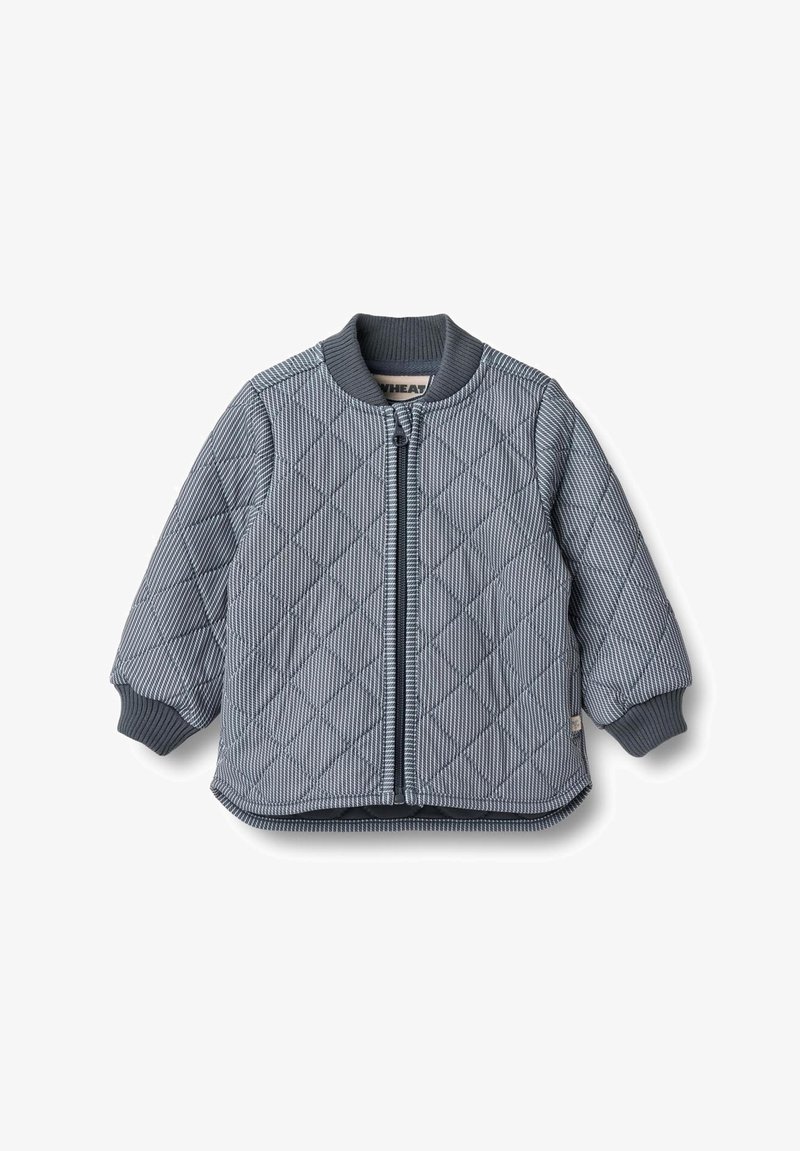 Steppjacke mit einem navyblauen und weißen Streifenmuster, geripptem Kragen und Bündchen. Verfügt über einen Reißverschluss vorne und einen abgerundeten Saum. Weiche Textur.