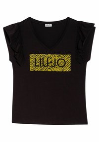 T-shirt nera con scollo a V e maniche corte arricciate. Presenta un logo con strisce tiger gialle e nere sulla parte anteriore.