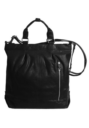 Borsa tote nera in pelle con tracolla regolabile, manici superiori, tasca frontale con zip e texture morbida. Caratterizzata da un design strutturato.