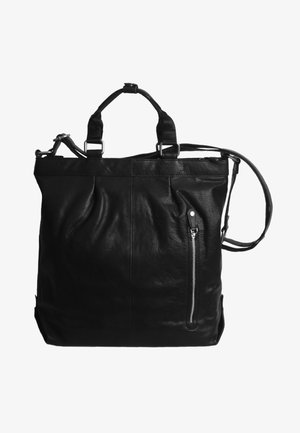 Schwarze Leder-Tote-Bag mit verstellbarem Schultergurt, oberen Griffen, einer vorderen Reißverschlusstasche und weicher Textur. Verfügt über ein strukturiertes Design.