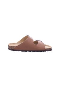 Brown leather slide sandal with a cork sole, featuring two cut-out sections and adjustable hardware accents for fit.
