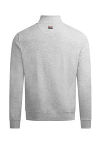 Light gray long-sleeve sweatshirt with ribbed cuffs and hem, shown from the back with a small red, white, and black tag near the collar.