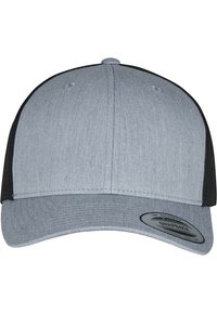 Gray cap with a curved bill, made of textured material, featuring a black mesh back and a circular label on the bill with snapback closure.