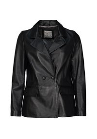 Zwarte dubbelgeknoopte leren blazer met inkeping rever, twee voorflapzakken en lange mouwen.