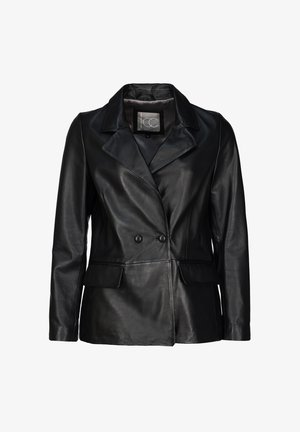 Schwarzer doppelt geknopfter Lederblazer mit Notch-Revers, zwei vorderen Klappentaschen und langen Ärmeln.