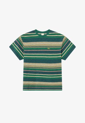 Groene en marineblauwe gestreepte T-shirt met korte mouwen, ronde hals en subtiele gouden logo. Gemaakt van zachte, textuurstof.