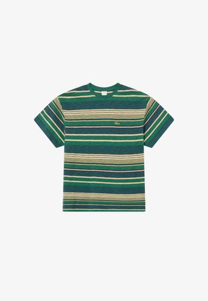 Green and navy striped short-sleeve t-shirt with a round neckline and subtle gold logo. Made from soft, textured fabric.