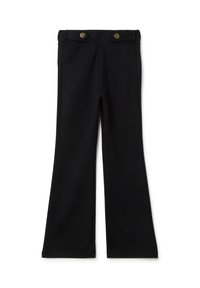 Pantalones de pierna ancha negros con cintura alta que presentan dos detalles de botón dorado en la cinturilla, colocados sobre un fondo blanco.