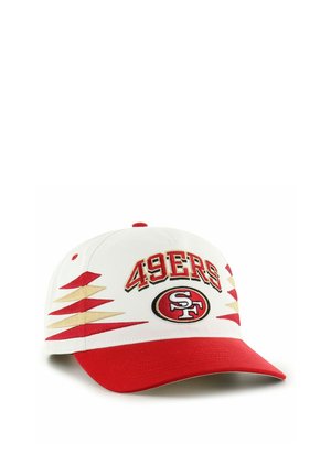 White and red baseball cap with "49ERS" text and San Francisco 49ers logo, featuring red and gold lightning bolt designs on sides.