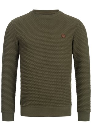 Grøn tekstureret sweatshirt med rund hals og ribstrikkede manchetter. Har en lille læderlogo-patch på øverste del af brystet.