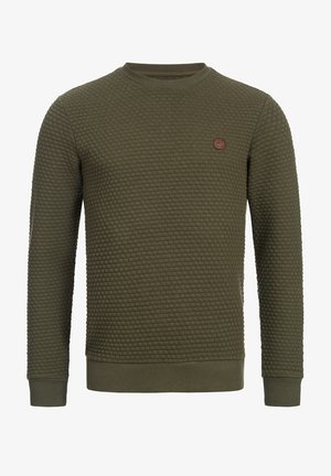Green textured sweatshirt with a round neck and ribbed cuffs. Features a small leather logo patch on the upper chest.