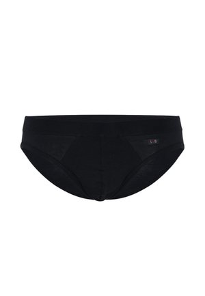 Slip nero realizzato in materiale morbido ed elastico con una fascia elastica in vita, caratterizzato da una cucitura frontale per struttura e un piccolo tag del marchio sul lato.