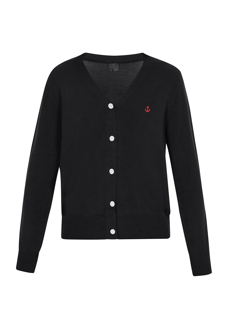 Cardigan nero con scollo a V, maniche lunghe e sei bottoni bianchi. Presenta un piccolo logo di ancora rossa sul lato sinistro. Tessuto morbido.