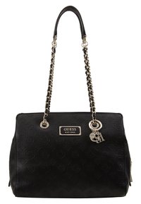 Sac à main en simili cuir noir avec un motif floral embossé, des anses en chaîne argentée et une plaque en métal avec logo. Comprend un charm décoratif.