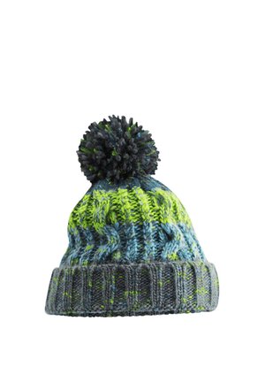 Knitted winter hat with gray, blue, and green patterns, featuring a large dark pom-pom on top and a folded ribbed cuff.