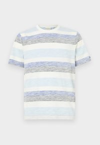 Camiseta de rayas con colores azul, gris y blanco, mangas cortas, escote redondo y un tejido suave y texturizado.