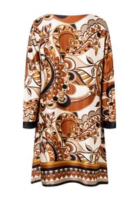 Gemustertes Tunika-Kleid mit Paisleymuster in Braun, Gold und Creme mit schwarzen Akzenten. Weicher Stoff, lange Ärmel und runder Ausschnitt.