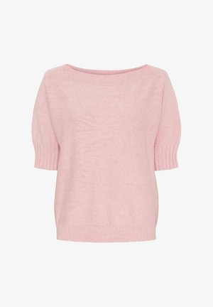 Lyserød strikket kortærmet sweater med ribbede manchetter, halsudskæring og kant, præsenteret på en ensfarvet hvid baggrund.