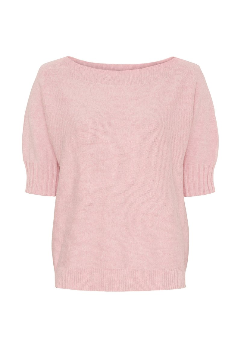 Lyserød strikket kortærmet sweater med ribbede manchetter, halsudskæring og kant, præsenteret på en ensfarvet hvid baggrund.