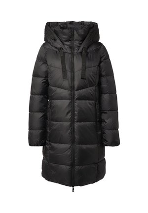 Schwarze gepolsterte Jacke mit Kapuze, ausgestattet mit einem Frontreißverschluss, Seitentaschen und einem strukturierten Steppmuster. Verstellbarer Kordelzug an der Kapuze.