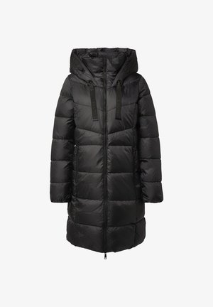 Zwarte gevoerde jas met capuchon, voorzien van een voorrits, zijzakken en een getextureerd gewatteerd ontwerp. Verstelbare trekkoord bij de capuchon.