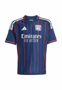 Maglia da calcio blu navy con strisce verticali rosse e blu, dettagli bianchi e colletto a girocollo. Presenta il logo "Emirates Fly Better" sul davanti.