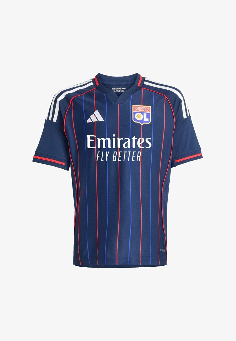 Marineblå fodboldtrøje med lodrette røde og blå striber, hvide detaljer og rund hals. Har "Emirates Fly Better" logoet foran.