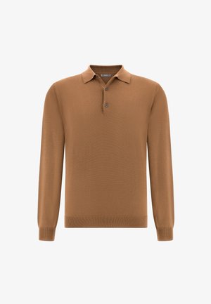 Bruine lange mouwen poloshirt van zachte stof, met een klassieke kraag, drie knopen aan de voorkant en geribde manchetten en zoom.