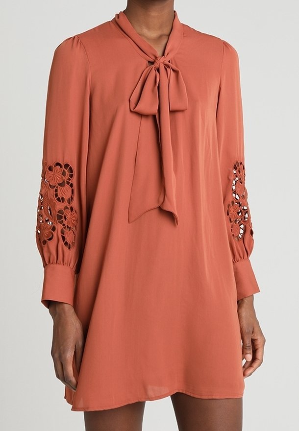 Robe à manches longues couleur rouille avec col noué et broderie florale en découpe sur les manches, portée par une personne debout devant un fond uni.