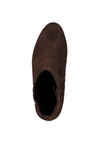 Brown suede ankle boot with a smooth texture, rounded toe, side zipper, and soft interior lining. Minimalist design, no visible patterns or accents.