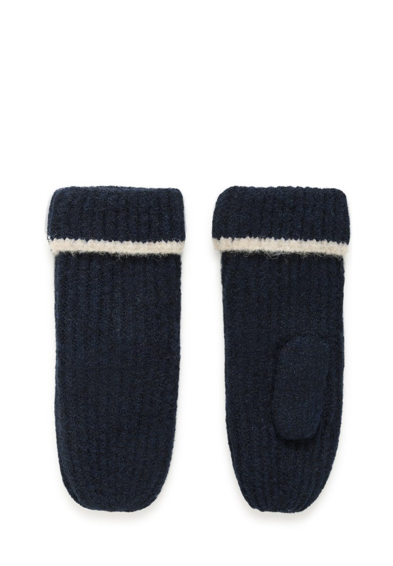 Navyblaue gestrickte Handschuhe mit einem gerippten Textur, cremefarbenem Bündchen und einer Daumenöffnung an der linken Hand.