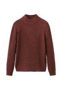 Bruine geribbelde coltrui met lange mouwen, voorzien van een brede kraag en een gestructureerd breipatroon. Zachte stof, losse pasvorm.