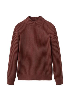 Brauner gerippter Rollkragenpullover mit langen Ärmeln, einem breiten Kragen und strukturiertem Strickmuster. Weiches Material, lockere Passform.