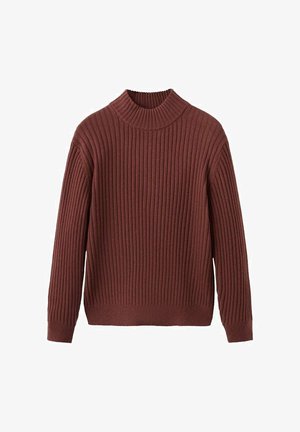 Brauner gerippter Rollkragenpullover mit langen Ärmeln, einem breiten Kragen und strukturiertem Strickmuster. Weiches Material, lockere Passform.