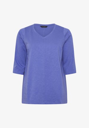 Fioletowa koszulka z dekoltem w serek, z rękawami do łokci, gładka, o lekko dopasowanym kroju.