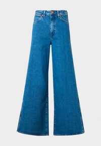 Wide-leg blue denim jeans with a high waist, featuring front pockets, a button closure, and a lightweight texture. Clean finish and seams.