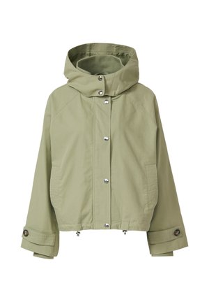 Lichtgroene jas met capuchon, drukknoopsluiting, verstelbare trekkoordzoom, zijzakken en knoop manchetten.