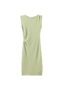Knie-langes, kurzärmeliges Kleid aus strukturiertem, hellgrünem Stoff mit Raffung auf einer Seite und Rundhalsausschnitt.