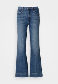 Zavihane jeans hlače v temno modri barvi. Imajo pet žepov, zanke za pas in oranžno šivanje. Gladka tekstura s klasičnim krojem.