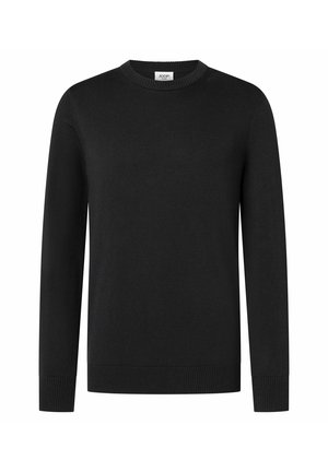 Schwarzer langärmeliger Pullover mit Rundhalsausschnitt, Rippbündchen und Saum, dargestellt auf weißem Hintergrund.