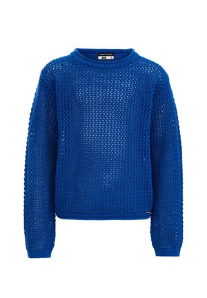 Pull bleu en crochet à manches longues avec un col rond et une coupe légèrement ample, présentant un motif en maille ajourée visible sur toute la surface.