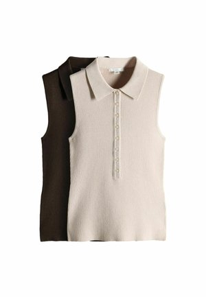 Ærmeløse ribstrikkede polo-toppe i beige og mørkebrun med knaplukning og kraver, lagt fladt på en hvid baggrund.