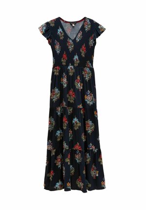 Marineblaues Maxikleid mit V-Ausschnitt, kurzen gerafften Ärmeln und gestuftem Rock, mit roten, blauen und weißen Blumenmustern.