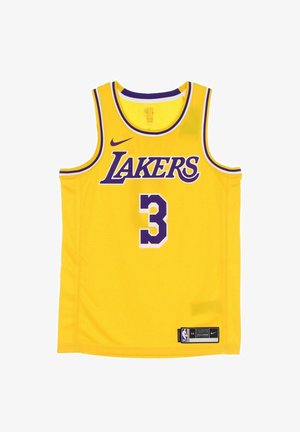 Maglia da basket gialla con scritta "LAKERS" viola e numero "3". Logo Nike sul davanti, con etichetta laterale. Design senza maniche.